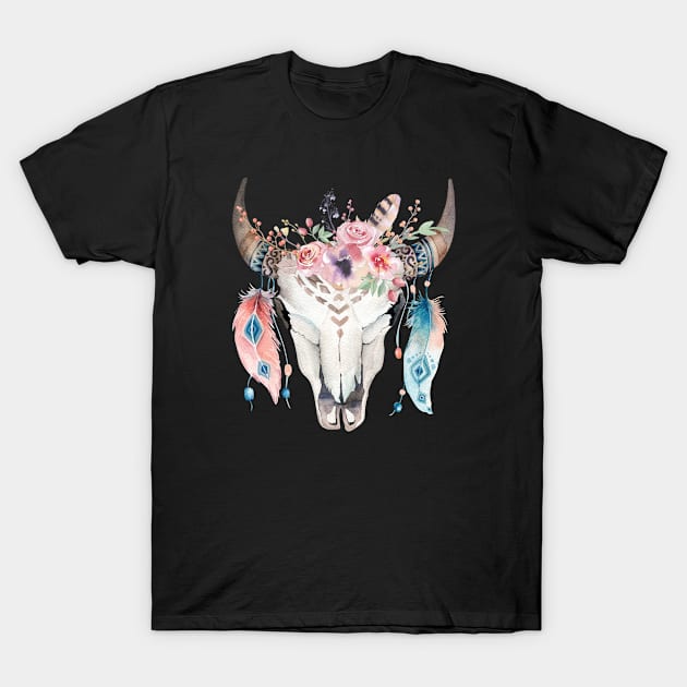 Floral Cow Skull T-Shirt by PixelArt